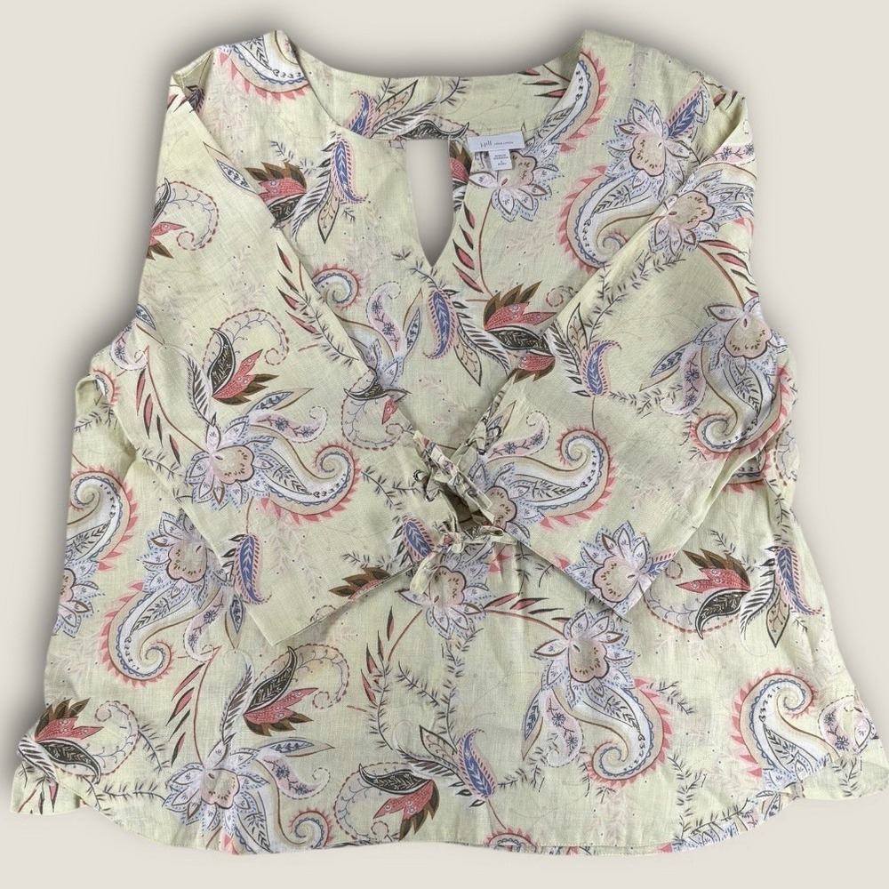 J. Jill‎ Love Linen Top Large Petite LP Yellow Paisley 100% Linen Tie Tunic